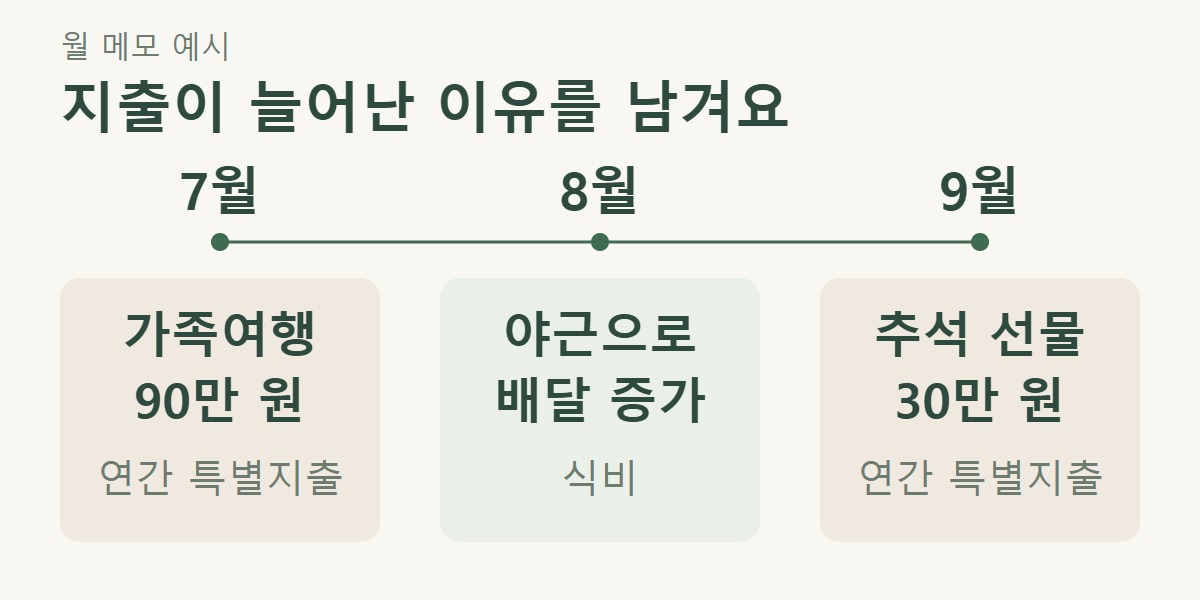 월 메모 예시: 7월 가족여행 90만 원은 연간 특별지출, 8월 야근으로 배달 증가는 식비, 9월 추석 선물 30만 원은 연간 특별지출로 구분